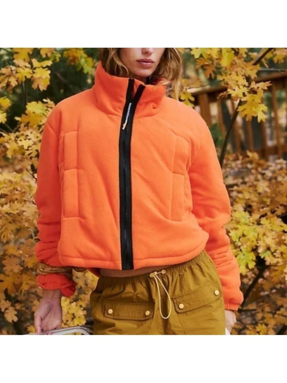 FP MOVEMENT Free People Neon Orange Puffer Fleece Jacket Cropped Insulated Sz L